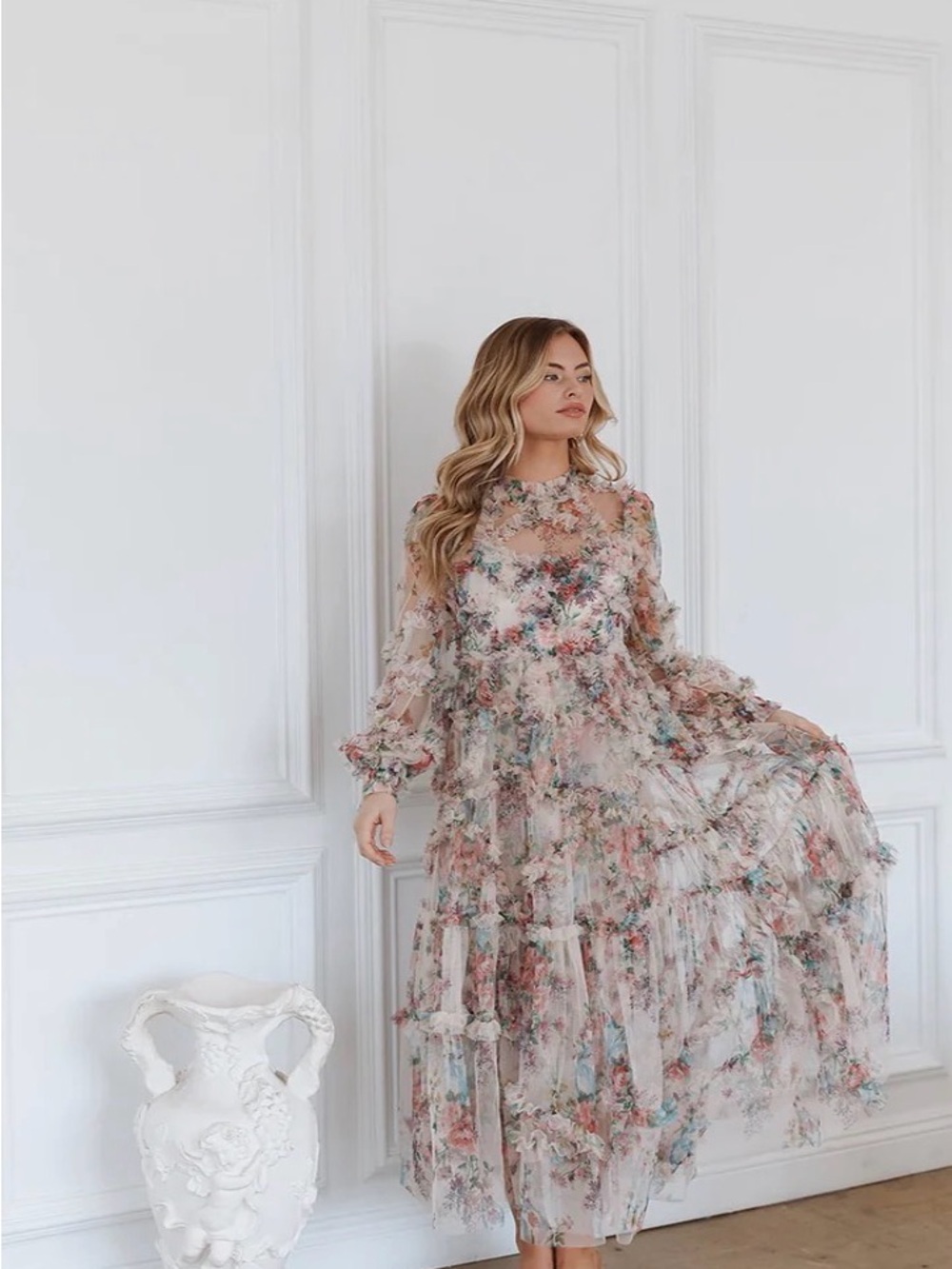 UNTAMED PETALS BY AMANDA JUDGE Blush Floral Sheer Tiered Maxi Dress